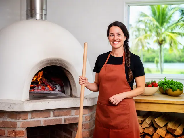 A smiling pizzeria owner with a wooden peel beside a new wood-fired dome oven.