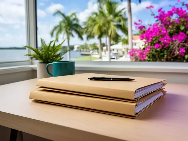A neat stack of closed manila folders and a pen on a desk by a window.