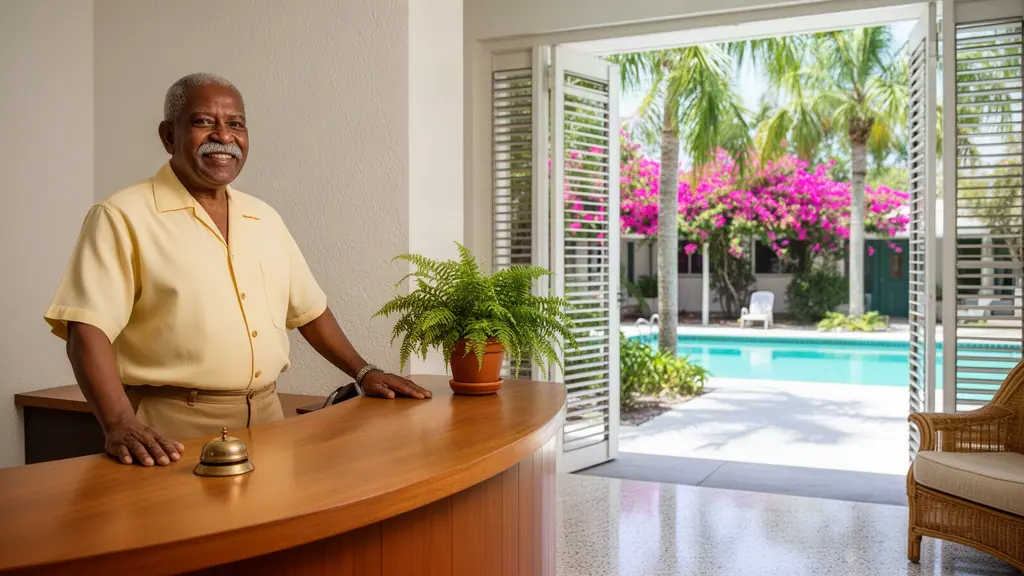 A smiling motel owner at a curved wooden front desk in a bright lobby opening onto a palm courtyard and pool.