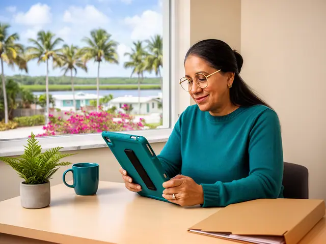 A woman with long dark hair in a low bun and gold-framed glasses reviewing a tablet at a desk in a small back office.