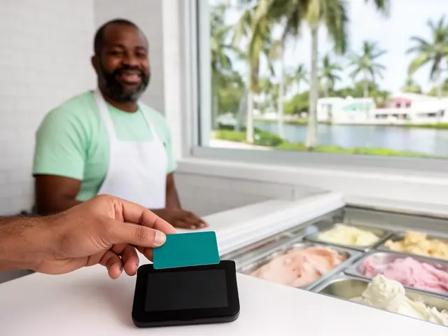 A customer taps a card on a counter terminal at a small gelato shop.