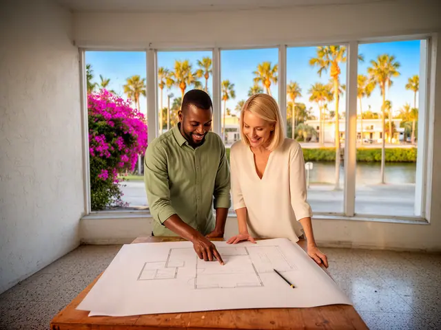 Two business partners looking over a pencil floor sketch in an empty storefront.