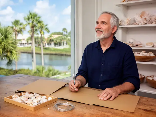 A man with short gray hair at a work table with a closed folder in a small shell-jewelry and seashell art shop.